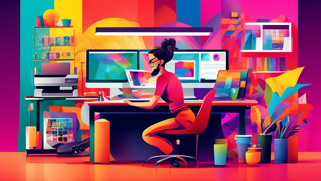 An artistically styled workshop scene where a graphic designer is using digital software on a computer to create a vibrant, eye-catching banner design, with rolls of colorful banner material and a large format printer in the background, in a well-organized, brightly lit studio.