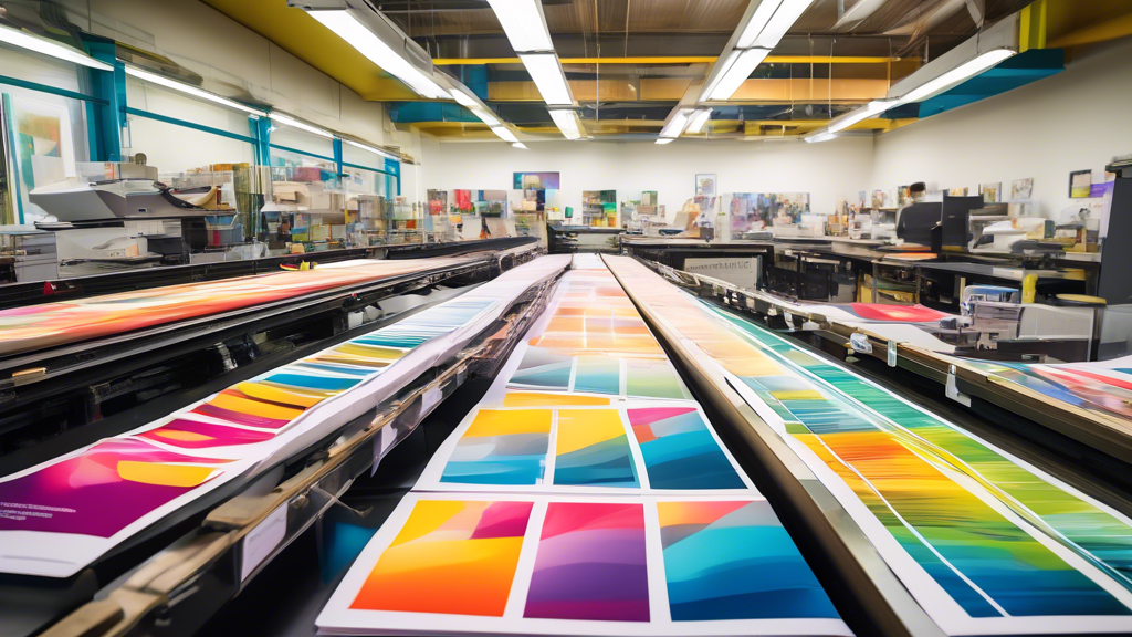 An artistically busy print shop with a variety of vibrant, colorful booklets being printed, showcasing different stages of the booklet printing process with emphasis on design, layout, proofing, and finishing touches.