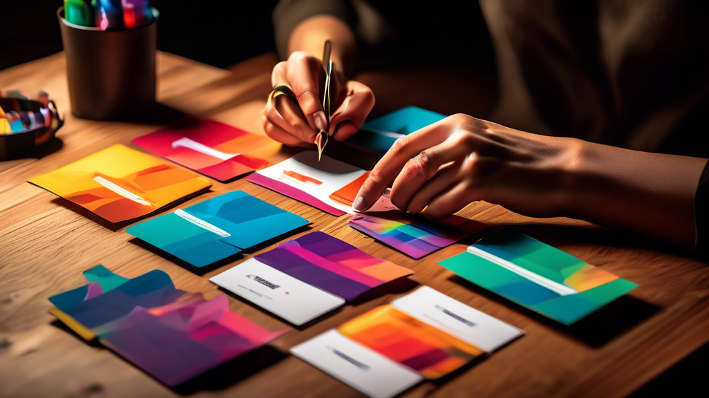 An artistic scene of a graphic designer thoughtfully arranging ultra-modern, uniquely shaped business cards on a stylish wooden table, with sophisticated tools and vivid color palettes surrounding them, under warm, ambient lighting.