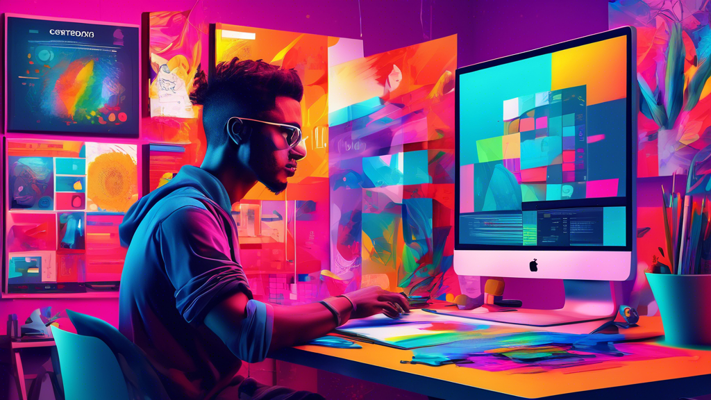 Vibrant digital art studio showcasing a person designing an eye-catching poster on a computer screen, with color palettes and typography guides visible in the workspace, and printed posters hanging on the walls around them.