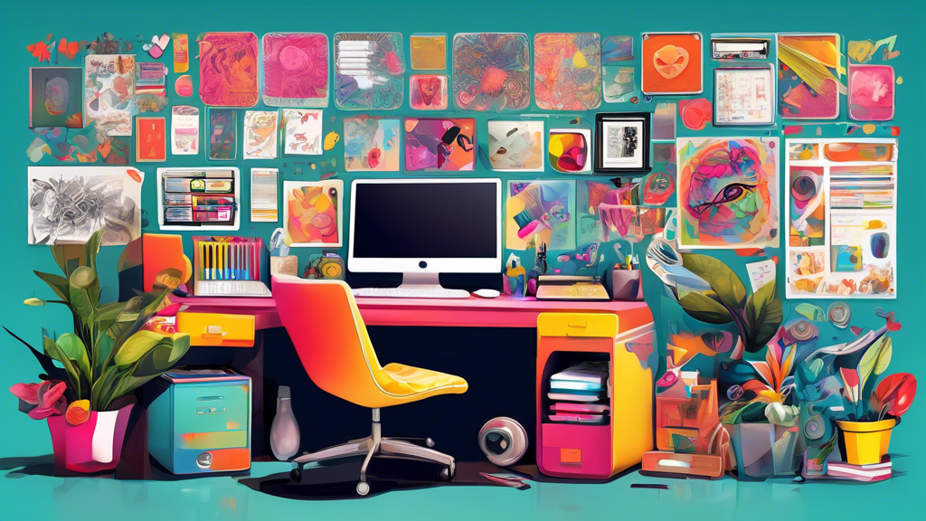 An artistically designed workspace with a digital printer producing vibrant, detailed custom stickers, surrounded by samples of colorful die-cut and kiss-cut stickers on a well-organized desk.