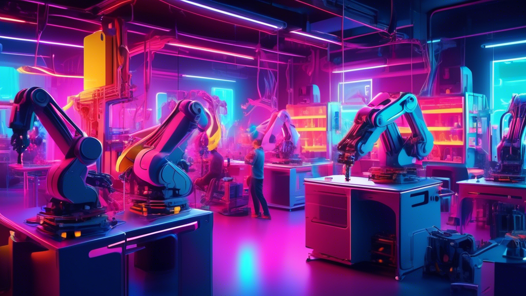 An ultramodern, futuristic 3D printing workshop bustling with robotic arms assembling complex, multicolored mechanical components under bright, neon lights