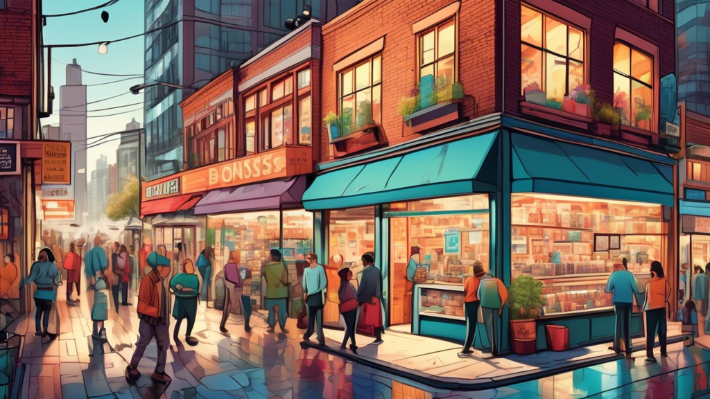 Highly detailed digital illustration of a bustling, modern street filled with diverse small businesses, prominently featuring an inviting, well-lit print shop with large glass windows displaying various printing services.