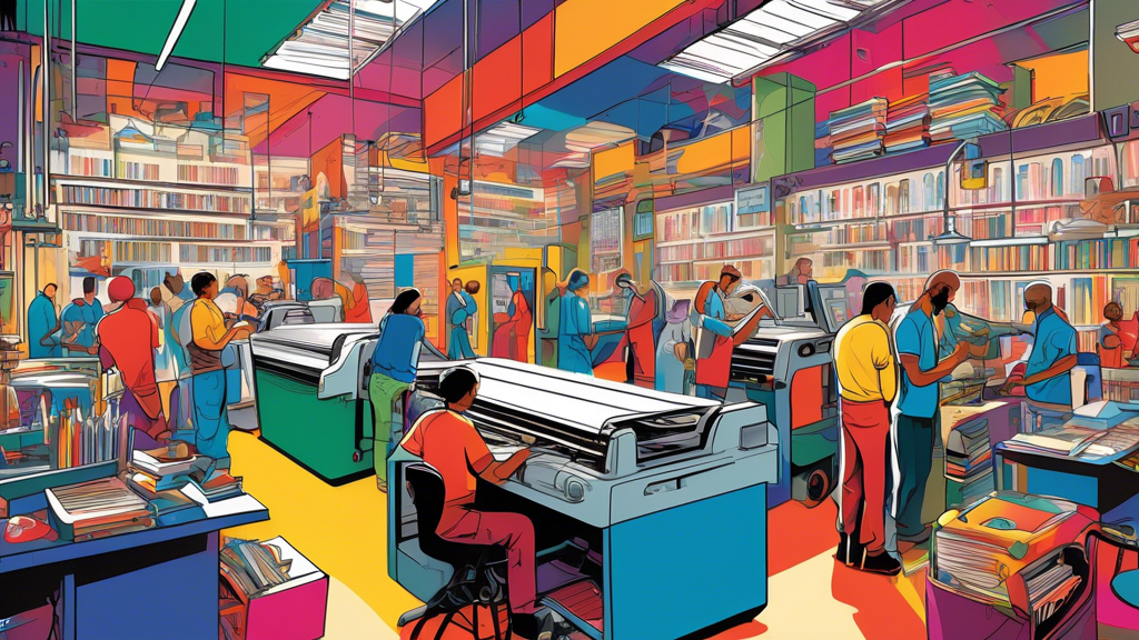 An artistic representation of a bustling modern print shop showing diverse people working with advanced printing machinery and technology, producing a variety of printed materials like books, posters, and brochures in a colorful, detailed environment.