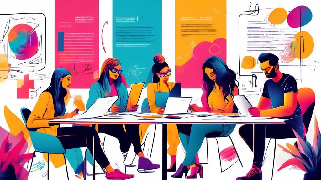 An artistic visualization showing a group of designers brainstorming and sketching ideas for a vibrant, eye-catching flyer, with emphasis on bold headlines, impactful visuals, and strategic use of color, set in a modern, well-lit design studio.