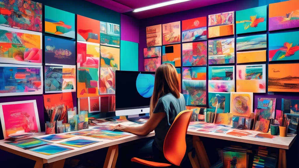 An artist's studio filled with stacks of vibrant, visually-striking postcards showcasing the latest design trends in marketing, with a digital artist editing a bold, colorful template on a high-tech, large screen computer.