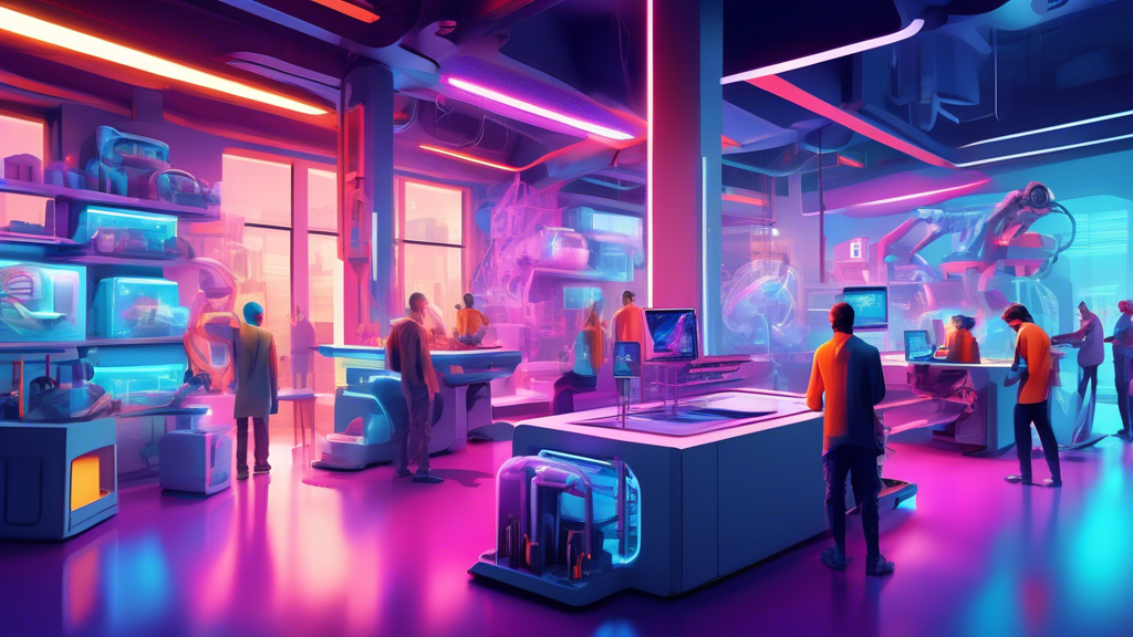 An artistic interpretation of a futuristic printing shop in 2023, showcasing advanced technologies like 3D printing and AR design stations, with a modern, brightly lit workspace filled with people interacting with state-of-the-art machines and digital displays.