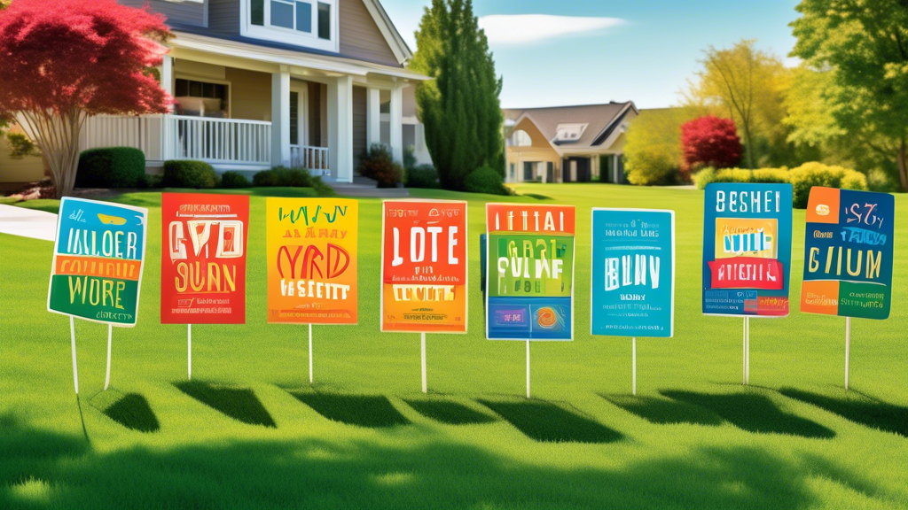 An array of colorful and creatively designed yard signs lined up on a lush green lawn, each featuring bold fonts and eye-catching graphics, under a clear sunny sky.