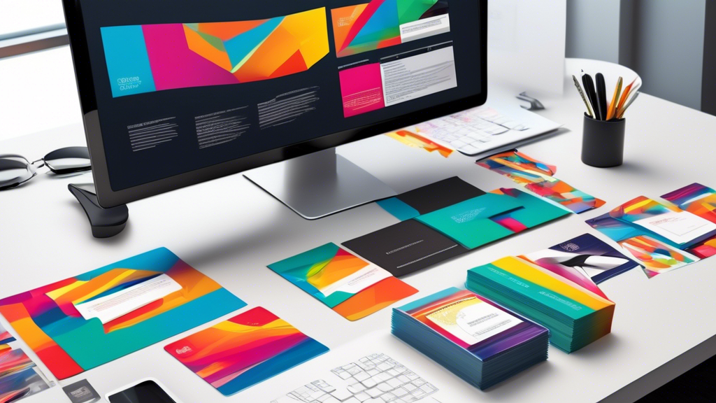 An array of colorful, graphic-designed business cards, brochures, and promotional materials neatly displayed on a sleek, modern desk, with a high-end computer monitor and graphics tablet.