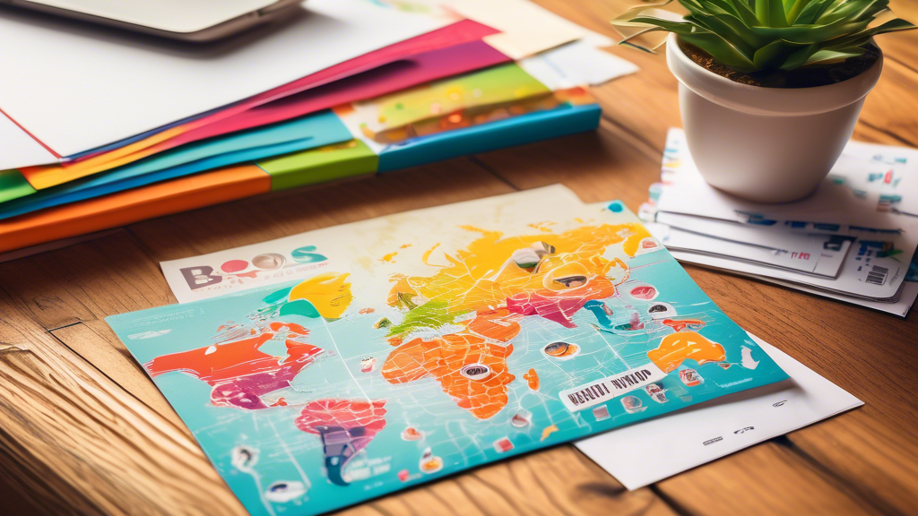 An image of a colorful, eye-catching EDDM postcard with vibrant graphics and text that reads 'Boost Your Business!' lying on a wooden table surrounded by postal stamps, a small map highlighting delivery routes, and a cheerful small business owner planning distribution in a cozy, well-lit home office.