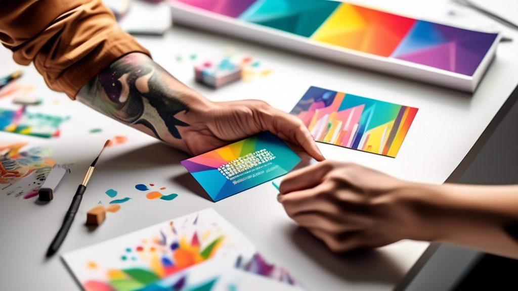 An artist carefully designing a colorful business card with vibrant graphics and text, in a modern, light-filled studio workspace.