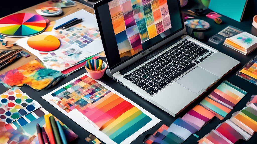 An artistically designed workspace with a professional graphic designer using a computer and creative software to design a colorful, engaging product catalog, surrounded by printed samples, color palettes and marketing materials.