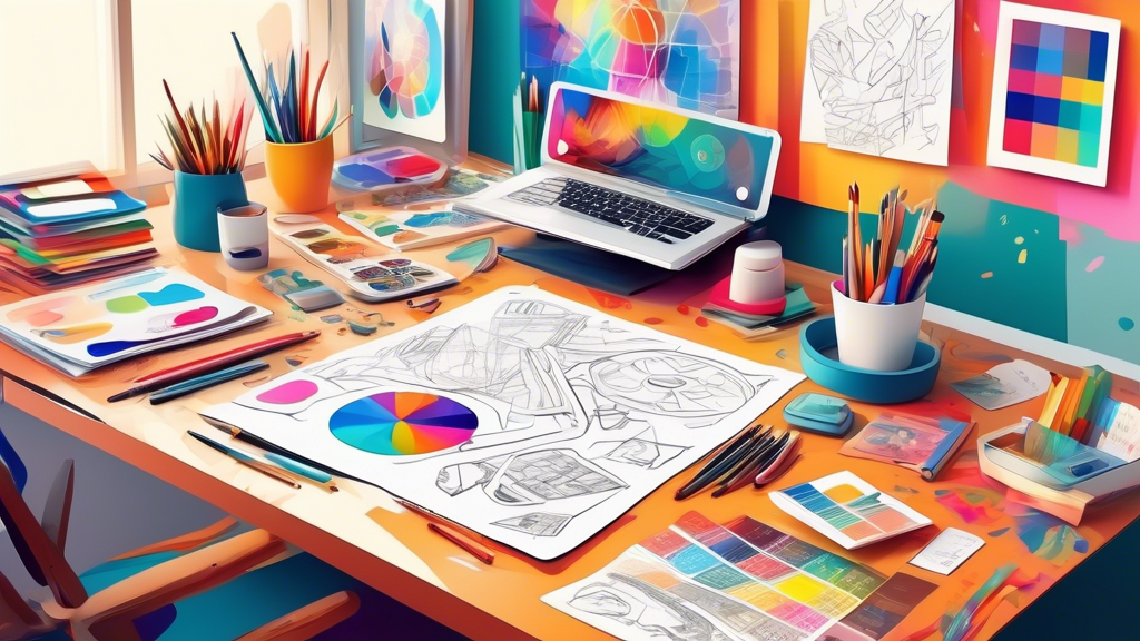 An artist's desk with scattered sketches of vibrant and creative leaflet designs, a digital tablet displaying leaflet templates, a color wheel, and printing equipment in the background, set in a cozy, well-lit design studio.