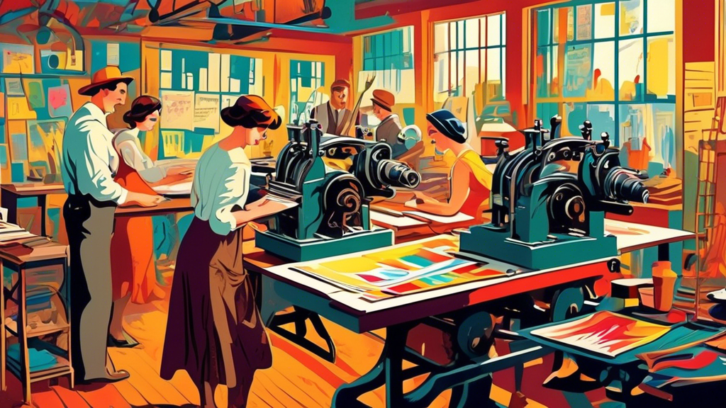 Vintage printing press printing vibrant, colorful postcards in a bustling 1920s design studio, with artists sketching and typesetting in the background.