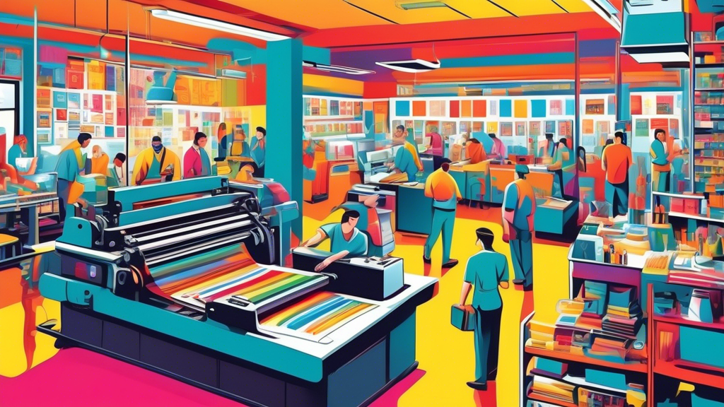 An artist's vibrant and bustling depiction of a print shop, with multiple colorful tickets being printed by advanced machinery, overseen by a diverse team of skilled professionals in mid-action, ensuring quality and efficiency.