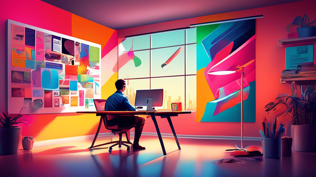 An artistically lit office space with a person examining a large, vibrant poster, showcasing a detailed graphic of office items and the Staples logo, visible in the corner.