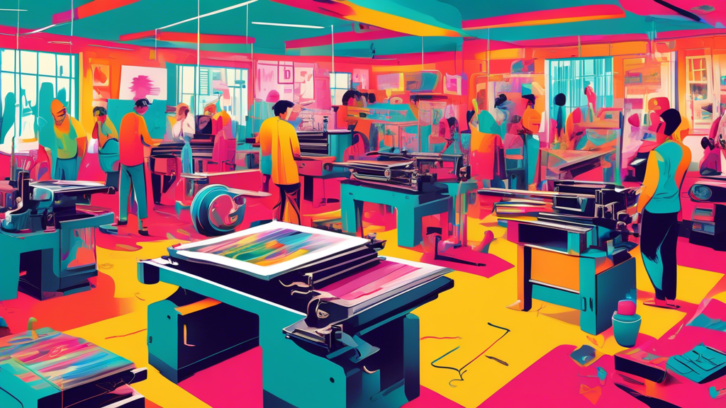 An artistically vibrant workshop with various modern and traditional printing presses and tools, surrounded by freshly printed colorful artworks depicting current printing trends and techniques, with artists in the background actively engaged in the creative process.