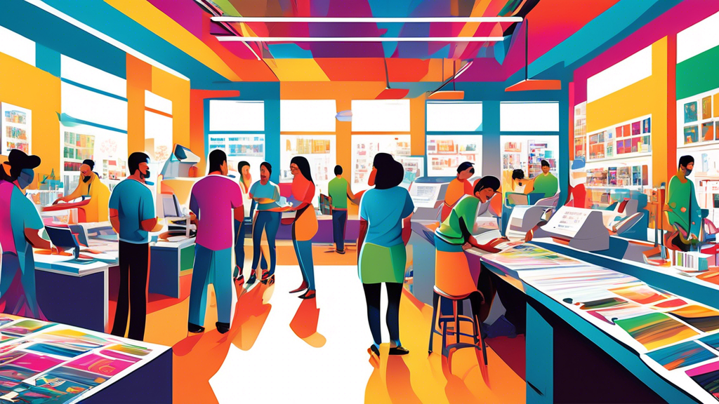 An illustrative representation of a bustling, modern print shop showcasing a variety of services like digital printing, large format printing, and custom graphic design. The scene is vibrant and full of people from diverse backgrounds, including customers discussing projects with staff, designers at work on computers, and printers in full operation producing colorful materials.