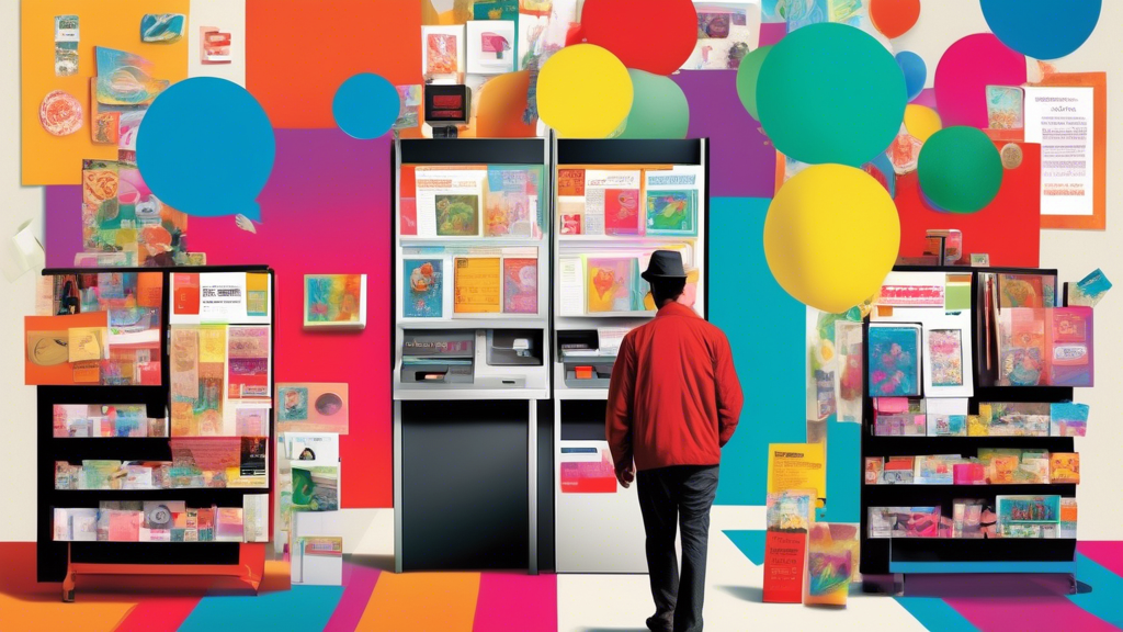 An artistically composed digital collage showcasing various print copies near me services, including a person ordering at a kiosk, vibrant photo prints coming out of a printer, and a selection of custom greeting cards and banners displayed against a modern, stylish CVS store background.