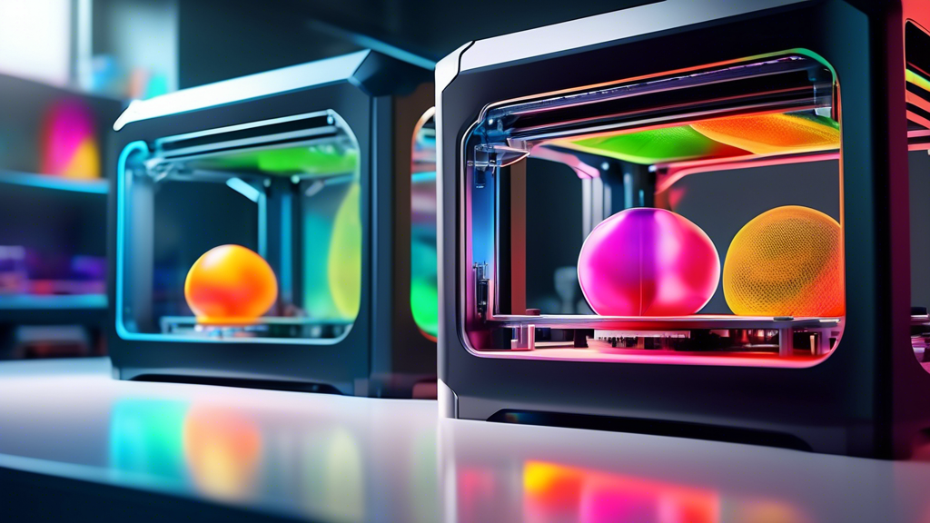 An ultra-modern, high-speed 3D printer in action, dynamically printing multiple colorful objects simultaneously in a futuristic, sleek, and well-lit laboratory environment.