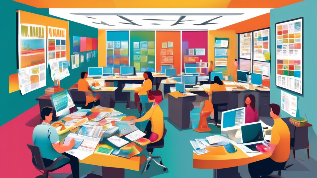 Create an image of a bustling small business office with several employees working around a large, central table covered with colorful print materials like brochures, flyers, and posters. In the background, computers display online printing service websites, and a visible calendar on the wall is marked with important project deadlines.