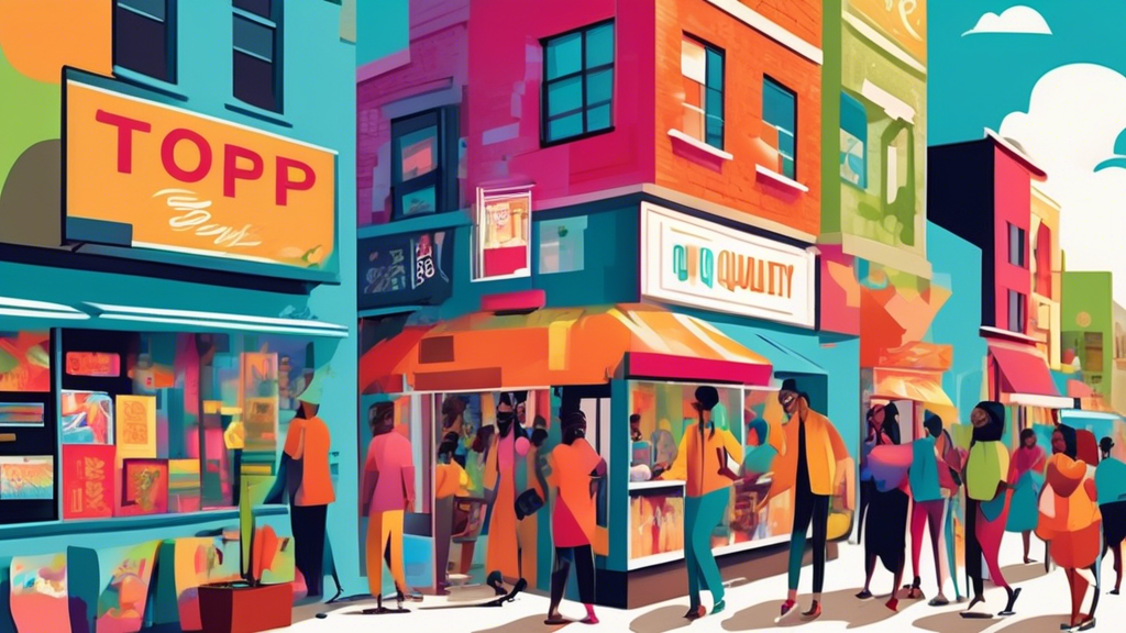 Vibrant street scene with diverse small business shops, including a bustling poster printing service storefront, people of various ethnicities browsing posters, and a digital billboard displaying 'Top Quality Poster Prints'.