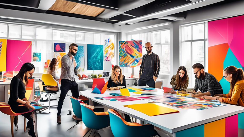 A vibrant, modern design office with a team of creative professionals gathered around a large table, brainstorming and examining various innovative and trendy brochure prints spread out, featuring bold colors, unique folds, and cutting-edge digital graphics, in a dynamic and inspiring workspace ambiance.