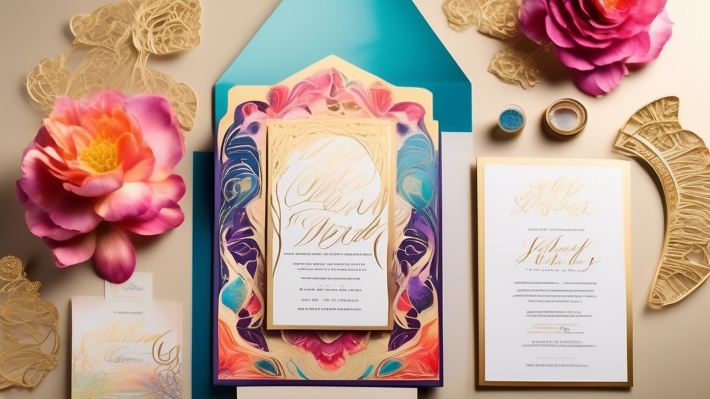 An elegant and modern printing studio filled with diverse samples of the latest invitation designs, showcasing intricate calligraphy, vibrant watercolor prints, and luxurious gold foil stamping, with a futuristic 3D printer crafting a custom-designed, intricate wedding invitation in the foreground